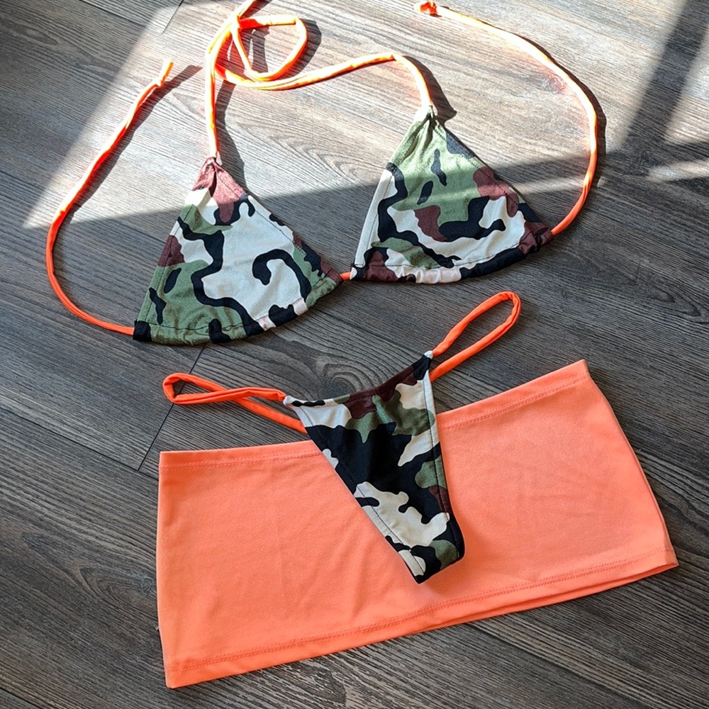 Orange camouflage bikini skirt thong set stripper stretchy army military dancer